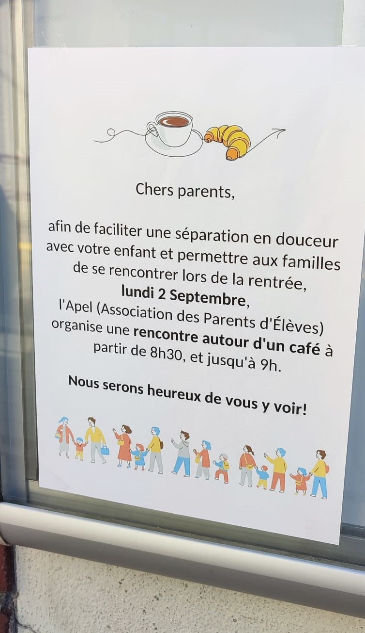 Bienvenue à la Rentrée 2024-2025 ! Café-Brioche offert par l’APEL pour les Parents